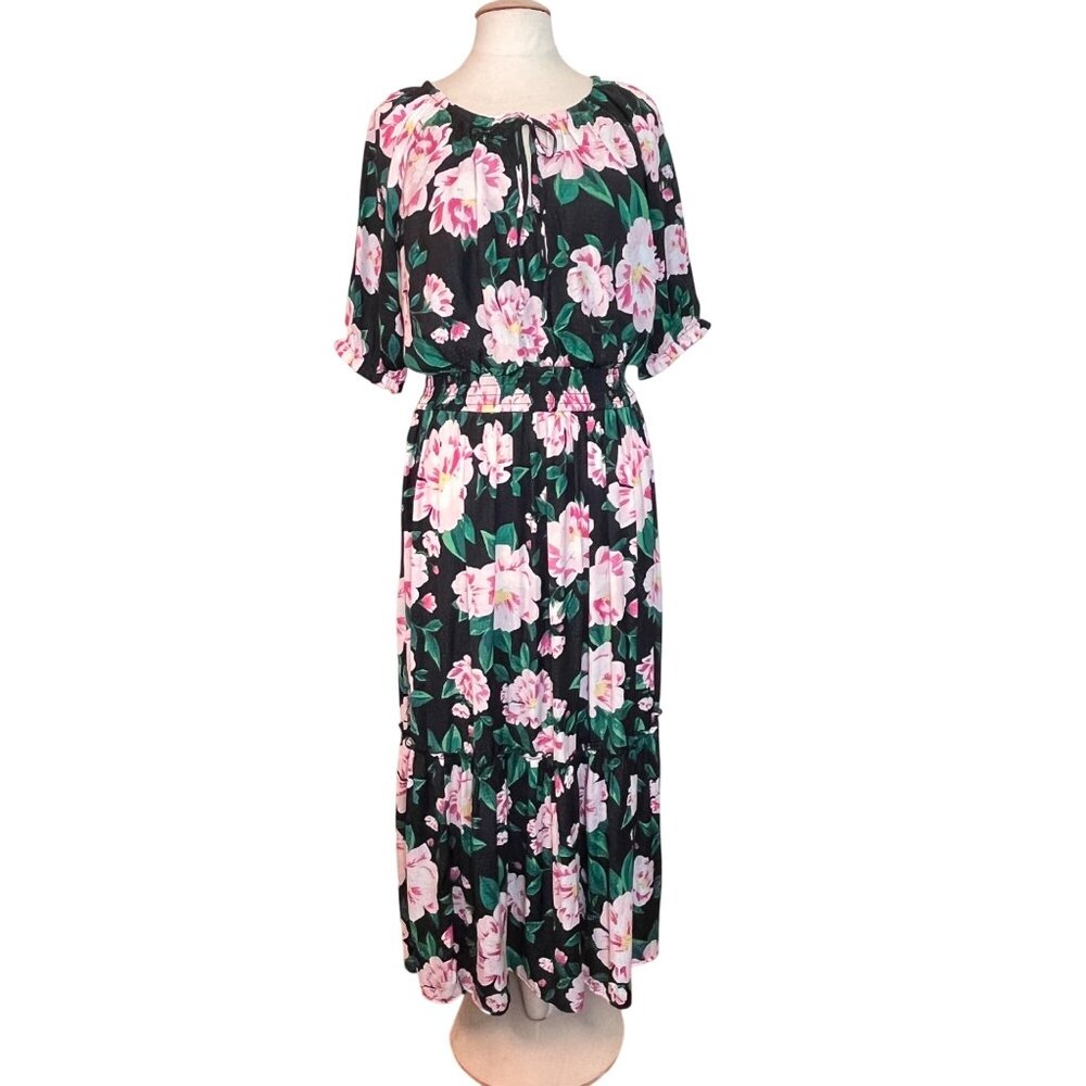 On 34th Floral Maxi Dress 0X /‎ 14-16 Black Pink Cottagecore Bloomcore Boho Tier